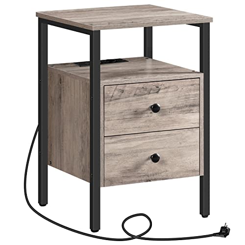 HOOBRO Nachttisch mit Ladestation, Beistelltisch, Sofatisch mit 2 Schubladen, Couchtisch mit USB-Anschlüssen für Wohnzimmer, Schlafzimmer, Modern, 40 x 40 x 61 cm, Greige-Schwarz EBG43CBZ01G2