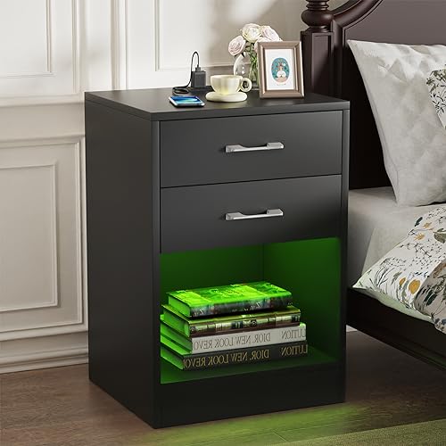 EXSELTMAN Nachttisch mit LED, Nachttisch mit Beleuchtung, Schwarz, Hochglanz, 2 Schubladen, Offenes Fach, 16 RGB-Farben, Schlafzimmer (Schwarz), 35*40*60CM