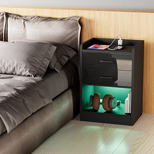  Led Licht und Steckdose, Nachtschrank 2 Schublade, 16 Farben RGB LED Nachttische, Nachtkästchen Schwarz, Beistelltisch Organizer Einheit für Schlafzimmer Wohnzimmer, 40 x 35 x 65cm