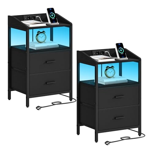 Hzuaneri 2er Set, LED Leuchten Ladestation, Beistelltisch 2 Stoff Schubladen Regalen, USB Anschlüssen & Steckdosen, für Schlafzimmer, Wohnzimmer, NS36204B