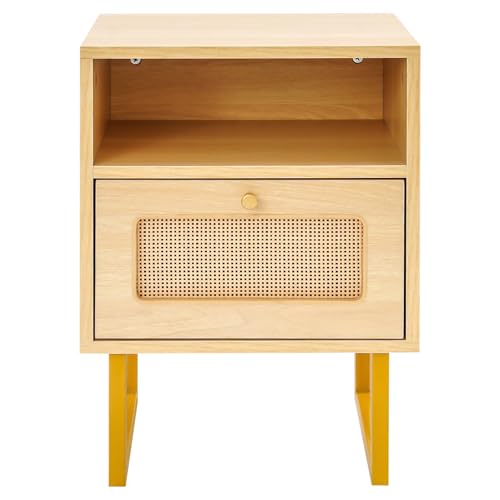 Akuoyiexemye Nachttisch mit Schublade, Beistelltisch mit 1 Schublade und 1 Offenem Fach, Beistelltisch mit Rattan-Design für den Einsatz in Schlafzimmern 15,35 * 11,42 * 22,24 Zoll (Naturholzfarbe)