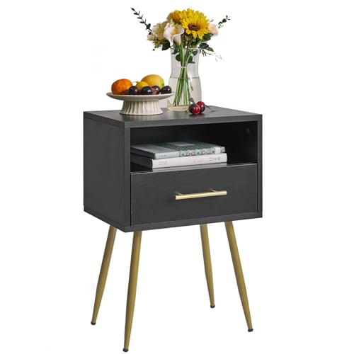 IBUYKE Nachttisch, Mid-Century Modern Nachttisch mit Beinen, Minimalistischer und praktischer Beistelltisch mit 2 Etagen Stauraum, für Schlafzimmer, Wohnzimmer, Schwarz WNS004B