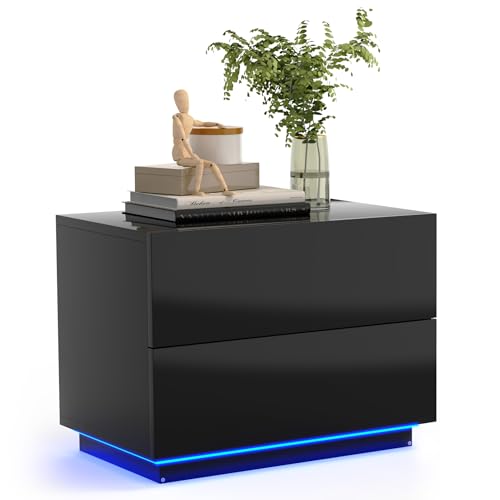Mondeer Nachttisch, LED Nachtschrank mit 2 Schubladen und 1 USB Anschlüsse, Hochglanz für Schlafzimmer Wohnzimmer, 60 x 39 x 45cm, Schwarz