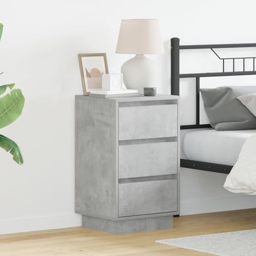 MNISDFL Nachttisch mit LED Beton Grau 39x34,5x65 cm Werkstoffholz, moderner Nachttisch mit DREI Schubladen Stauraum und integrierter Beleuchtung, funktionaler Beistelltisch fürs