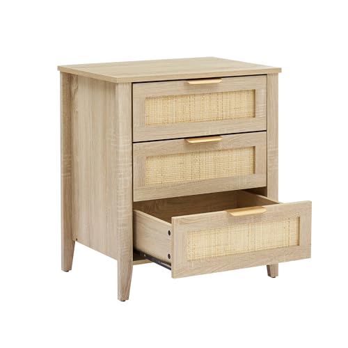 Garvee Moderner Rattan Nachttisch mit 3 Schubladen – Bauernhaus Beistelltisch aus Holz – Viel Stauraum – Geeignet als Sofa- oder Bettseitentisch für Schlafzimmer, Wohnzimmer oder Flur – Farbe: Eiche