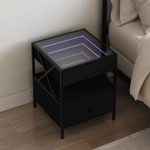 Mandloder Nachttisch mit Infinity-LED, Schwarz, 40x40x51 cm, Holzwerkstoff, Glas, Stahl, modernes Schlafzimmer Möbel, USB-Anschluss