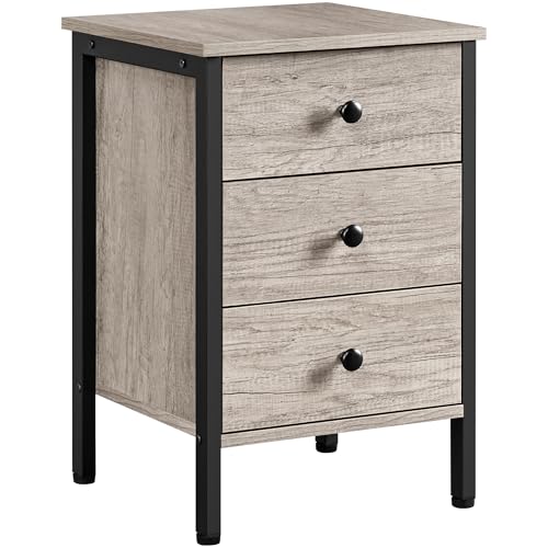 Yaheetech Nachttisch Nachtkommode Nachtschrank mit 3 Schubladen, Beistelltisch aus Holz und Metallrahmen, Industrie-Design, Grau