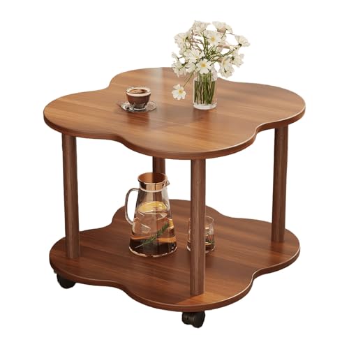 Kleiner Beistelltisch mit Rädern, runder Couchtisch, Holztischplatte mit doppelter Blütenblattform, für Schlafzimmer, Nachttisch, Wohnzimmersofa, Braun, Weiß (A, 50 x 50 x 48 cm)