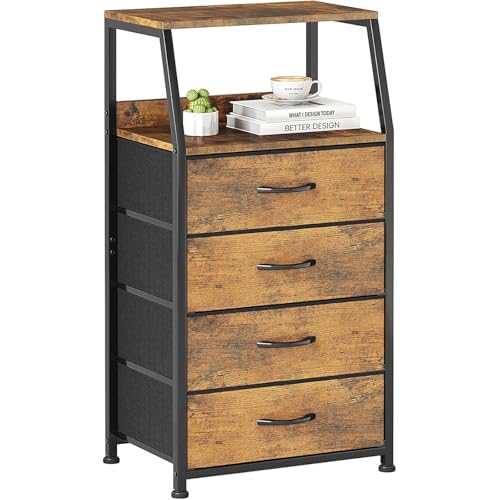 Kommode mit 4 Schubladen, Nachttisch, Beistelltisch, Nachtschrank, Kleine Schubladenschrank mit 2-Tier Holz Regal, Stoff komode für Schlafzimmer/ Wohnzimmer/ Flur möbel, Bücherregal, Rustikal Braun
