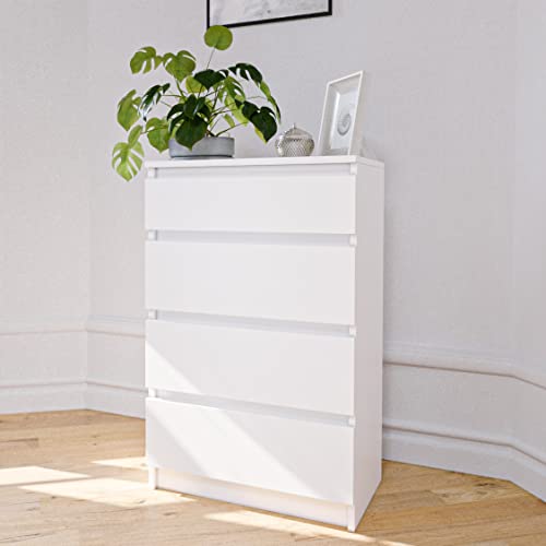 Home Collective Kommode weiß mit Vier Schubladen, Schlafzimmer Flur Nachttisch, Schrank, Sideboard, Highboard, Breite 60 cm Höhe 95cm