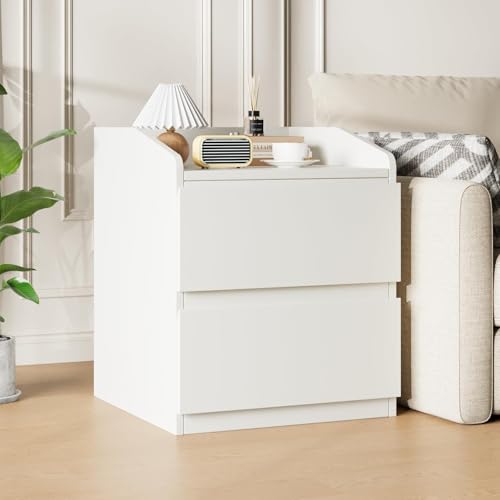 OPULENTHOME Nachttisch weiß Nachtschrank Boxspringbett Nachtkommode mit 2 Schubladen Einfache Montage als Beistelltisch Sofatisch Schubladenschrank Couchtish für Schlafzimmer Wohnzimmer