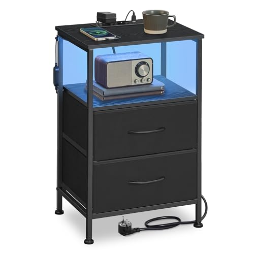 SONGMICS BELLAH Kollektion - Nachttisch mit Ladestation, Beistelltisch mit App-gesteuerter, Einstellbarer LED-Beleuchtung, 1 offenes Fach, 2 Schubladen, tintenschwarz-ebenholzsch warz LGS302BH02