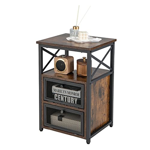 FANTASK Nachttisch Industrial schwarz, Beistelltisch Vintage mit Metallrahmen, Wohnzimmertisch Holz mit 2 Klappschubladen & offenem Regal, Kaffeetisch für Schlafzimmer, Wohnzimmer, 40 x 35 x 60,5 cm