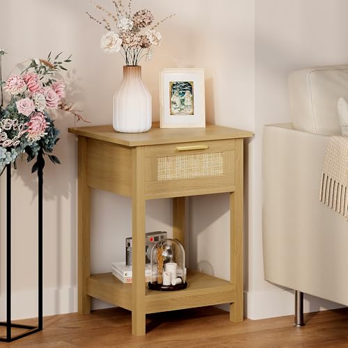 Trironsun Rattan Nachttisch Boho Beistelltisch mit Lagerung Schublade und offenes Regal Gold Griff End Tabelle für Schlafzimmer Wohnzimmer