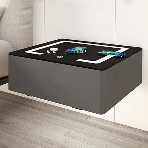 Nachttisch, schwebender Nachttisch mit Ladestation und LED-Leuchten, Nachttisch zur Wandmontage, automatische Sensorbeleuchtung, Platte aus gehärtetem Glas und Mikrofaserleder (Farbe: Dunkelgrau 1 St