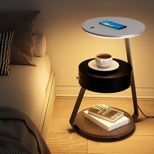 Intelligenter kabelloser Ladetisch, LED-Licht-Nachttisch mit Aufbewahrungsschublade, moderner Nachttisch für Schlafzimmer, Wohnzimmer und Wohnheim (Silber)