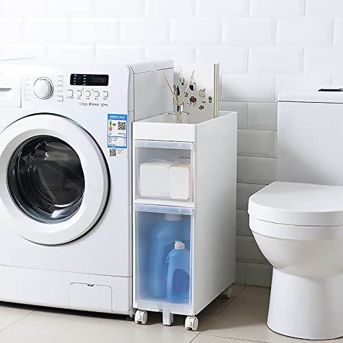 Hocher, schmaler Badezimmer-Schrank mit 4 transparenten Schubladen und Rollen, schlanker, vertikaler Aufbewahrungsschrank für kleine Räume, freistehender Kommodenturm mit Rollen, 14 cm/22 cm Breite,