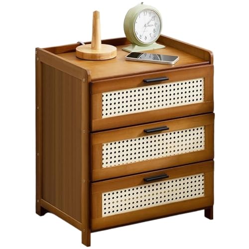 Moderner Rattan Beistelltisch mit 3 Schubladen – 20  hoher Boho Beistelltisch für Schlafzimmer Wohnzimmer – Stilvoller brauner Nachttisch Sofatisch Kommode
