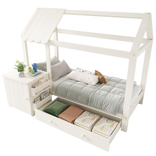 I0I&I0I Hausbett Kinderbett 90x200 cm aus Massivholz in Weiß & Eiche mit Schubladen, abnehmbarem Nachttisch – Bodenbett für Kinderzimmer, ohne Matratze – Funktionales Design, Sicher & Stabil (Stil 1)