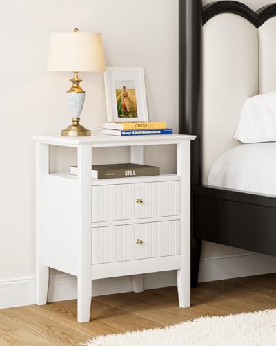 HEYZOEY Nachttisch, Retro Nachtschrank mit 2 Schubladen, Massivholz Nachttisch, Boho Nachtkommode für Schlafzimmer, Wohnzimmer, Weiß
