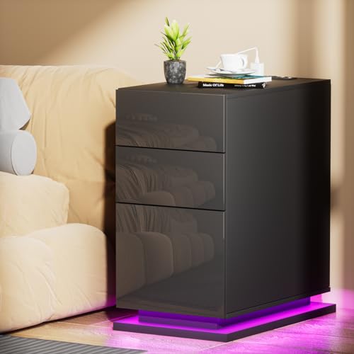 Lvhcmfohm Nachttisch Schmal mit Steckdose, Schmaler Kleiner Nachtschrank mit Led und 3 Schubladen, Nachtkästchen, Nachtkommode mit USB und 16 Farben Beleuchtung (Schwarz, 30x50x63cm)