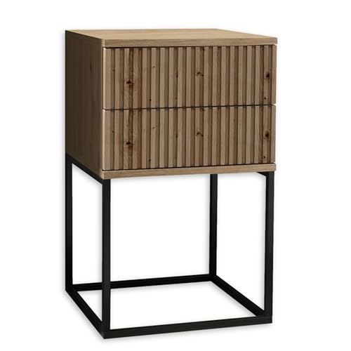 MARLE Nachttisch in Artisan Eiche Optik - Moderner Nachtschrank mit Schubladen und schwarzem Metallgestell - 40 x 65 x 38,5 cm (B/H/T)