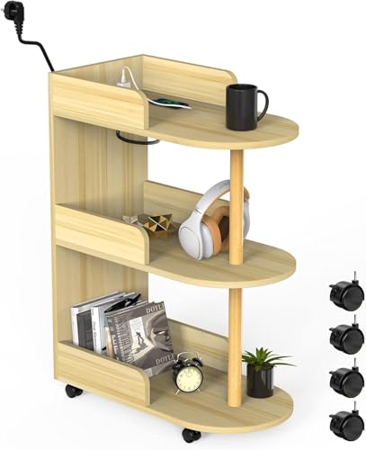 Schmaler Nachttisch mit Rollen, 1 Monat Ablagetisch, Beige, Nachttisch mit mehreren Ausgängen & Fächern, ideal für Wohnzimmer & Schlafzimmer