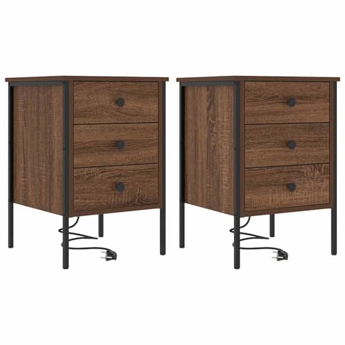 Homgoday Vintage-Style Nachttisch mit Ladestation & großer Ablagefläche - Braun Eiche Model859489