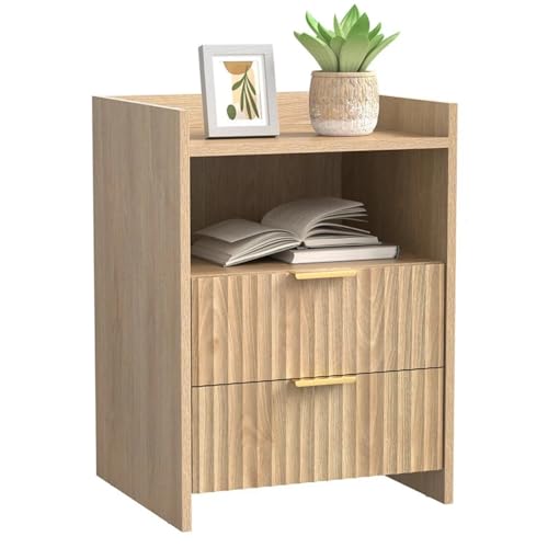 Skokliz Geriffelter Nachttisch mit 2 Schubladen, Nachttisch fürs Schlafzimmer, moderner Landhausstil, Beistelltisch aus Naturholz fürs Wohnzimmer, Wohnzimmer und kleine Räume