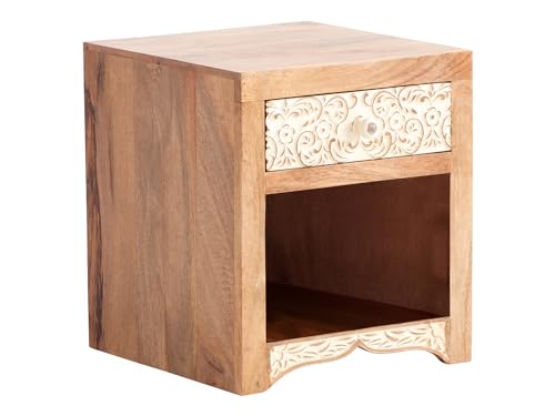 Woodkings Nachttisch Delhi | Nachtkonsole 40x45x40cm aus Mangoholz | Rustikaler Landhausstil für Schlafzimmer | Beistelltisch mit Eleganten Schnitzereien & Stauraum