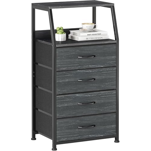 Nachttisch, Kommode mit 4 Schubladen, Klein Bücherregal, Beistelltisch, Schwarz Nachtschrank, Aufbewahrungsschranke mit Holz Regal, Stoff Nachttische für Schlafzimmer Wohnzimmer Flur möbel, Dunkelblau