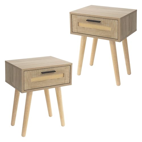ML-Design 2er Set Nachttisch mit 1 Schublade, 40x50,5x30 cm, Eiche Optik, Nachtschrank Rattanfront Massivholzfüßen, Nachtkommode für Boxspringbett Schlafzimmer, Beistelltisch Couchtisch für Wohnzimmer