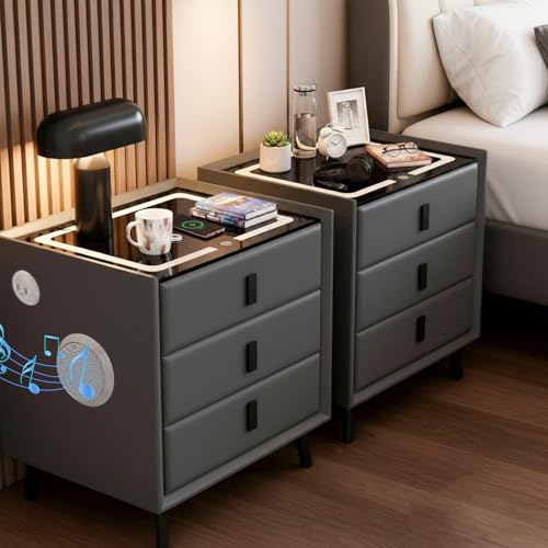 GXSDYYDS Nachtschrank 2er Set, 3 Schubladen - Nachttisch Mit Ladefunktion, Holz - 3-Stufen Beleuchtung, Bluetooth & Wireless Charging - Beistelltisch Dunkelgrau(2, Grau, 3 Schubladen)