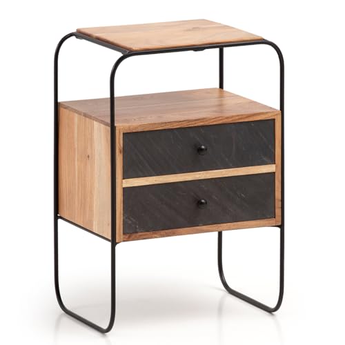 FineBuy Nachttisch Massivholz/Steinoptik 40x60x30 cm Nachtschrank Boxspringbett, Industrial Nachtkonsole mit 2 Schubladen & Ablagefläche, Nachtkommode Stauraum & Metallgestell