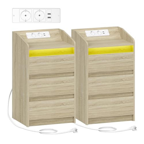 Hzuaneri Nachttisch 2er Set mit 3 Schubladen, Beistelltisch mit Ladestation und LED, 2 AC-Steckdosenund 2 USB-Anschlüsse für Schlafzimmer, Wohnzimmer, Eiche NS40116X