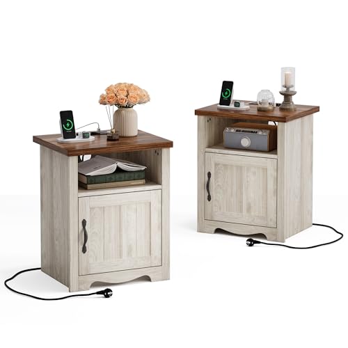 LINSY HOME Nachttisch 2er Set, 48cm Breit Holz Beistelltisch mit Steckdose, Nachtschrank für Schlafzimmer, Wohnzimmer, Couch mit USB Ports und Steckdosen, Nachttisch mit Stauraum, 48x40x60cm, Beige