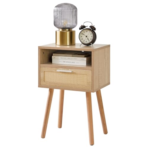 IBUYKE Rattan Nachttisch, Boho Beistelltisch mit Schublade offenes Regal, Holz Akzent Nachttisch, Beistelltisch mit Beinen für Schlafzimmer, Wohnzimmer und kleine Räume, Natur WNS009N