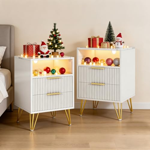 Wumagin Nachttisch 2er-Set mit LED-Beleu-chtung und Lade-Station, Nachtschrank mit 2 Schubladen und Offenes Fach Beistelltisch Sofatisch für Wohnzimmer Schlafzimmer