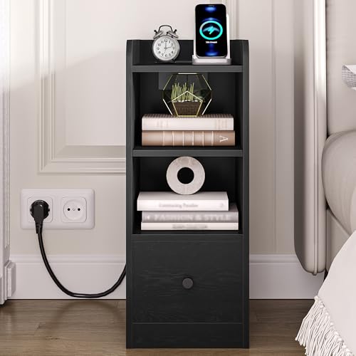 Hzuaneri Nachttisch, mit Ladestation, USB & Typ C Anschluss, Schmaler Beistelltisch, 3 Etagen Stauraum mit 1 Schublade, Platzsparend, für Schlafzimmer, Wohnzimmer, Schwarz NS36404X