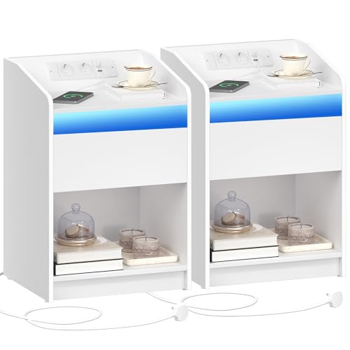 Hzuaneri Nachttisch, mit LED-Licht - Beistelltisch mit Ladestation, 1 Aufbewahrungsschublade Nachttisch für Schlafzimmer, Wohnzimmer, 2 USB-Anschlüsse, 2 Steckdosen, 2er Set, Weiß NS09003X