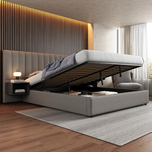 Bett 180 x 200 cm mit Lattenrost, Bett für Erwachsene, 180 x 200 cm, mit breiten Flügeln, hydraulisch, Bettgestell für 2 Personen mit Stauraum und zwei Nachttischen Lattenrost aus Holz, Leinen, Grau +