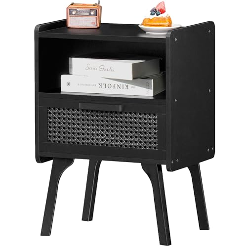 LELELINKY Nachttisch Rattan, Kleiner Beistelltisch Weiß Holz mit Schublade und Offenem Regal, Nachttische hat Tischbeine aus Massivholz für Wohnzimmer Sofatisch, Schlafzimmer Nachtkommode, Schwarz