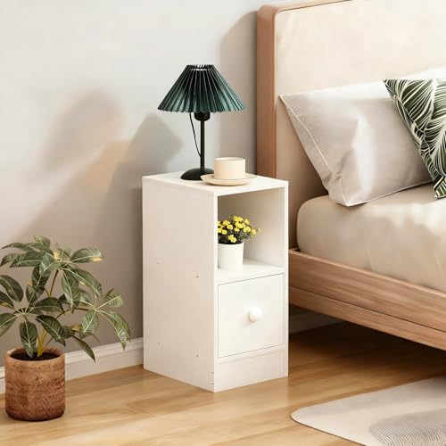 20 cm Kleiner Nachttisch mit Schublade, Schmaler Beistelltisch mit Ablage, Schlankes Nachtschrank Nachtkommode mit Stauraum für kleine Räume Schlafzimmer Wohnzimmer (Weiß)