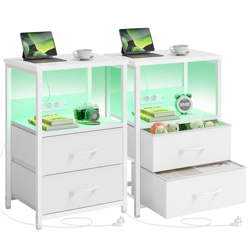 Rolanstar Beistelltisch mit LED-Beleuchtung, Nachttisch mit 2 Schubladen, USB-Anschluss & versteckter Steckdose, Sofatisch für Schlafzimmer und Wohnzimmer, Weiß 2pcs