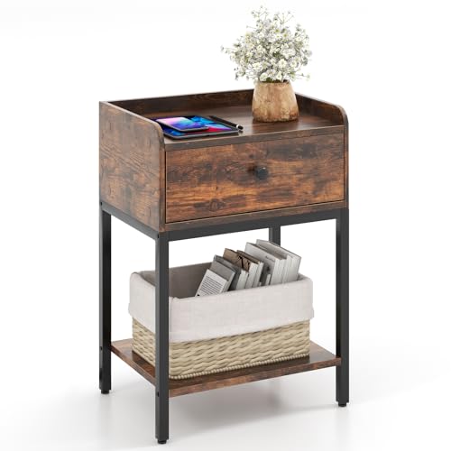 COSTWAY Schublade, Beistelltisch offener Ablage, Sofatisch verstellbaren Fußpolstern, Nachtschrank für Schlafzimmer, Wohnzimmer, rustikales Braun, 42 x 30 x 60 cm