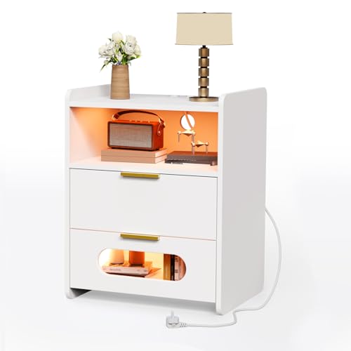 HAMHAIGO Hochglanz-Nachttisch mit Schubladen Nachttische aus mit Großem Stauraum, Nachttisch mit Steckdose, Beistelltisch-Organizer für Schlafzimmer, Wohnzimmer (Weiß, 40x50x64 cm)