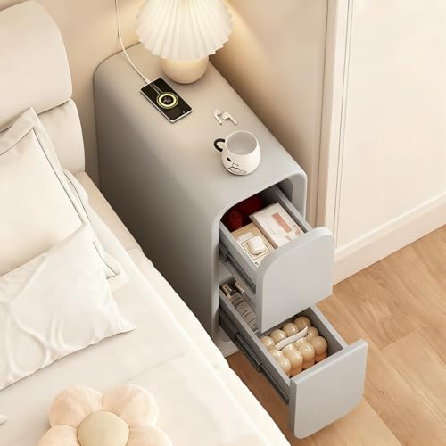 Nachttisch aus Massivholz mit 2 Schubladen, Kunstleder-umwickelt, Beistelltisch für Schlafzimmer, Wohnzimmer, Büro, Arbeitszimmer, Grau, 30 x 40 x 47 cm