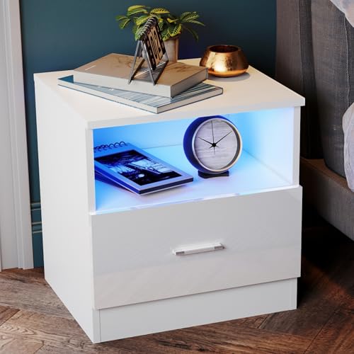 SONNI Nachttisch mit LED-Beleuchtung, 45x35x46.5cm, Nachttische mit Schubladen, Offenem Fach, Einstellbare Farben, Beistelltisch, Nightstand, Sofatisch, Nachtschrank für Schlafzimmer, Wohnzimmer, Weiß