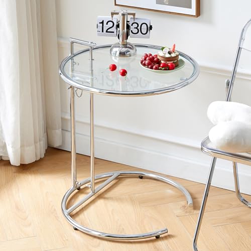 Beistelltisch aus Glas, runder Beistelltisch mit Griff und Metallrahmen, höhenverstellbarer C-förmiger Sofatisch, kleiner Couchtisch mit Platte aus gehärtetem Glas, Nachttisch für Wohnzimmer und Schl