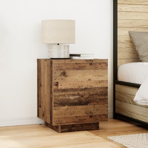 Qnhdfrt Nachttisch mit LED Beleuchtung 2 Stück Recyceltes Massivholz Vintage 45x40x55 cm Schmaler Beistelltisch mit Schubladen für Schlafzimmer